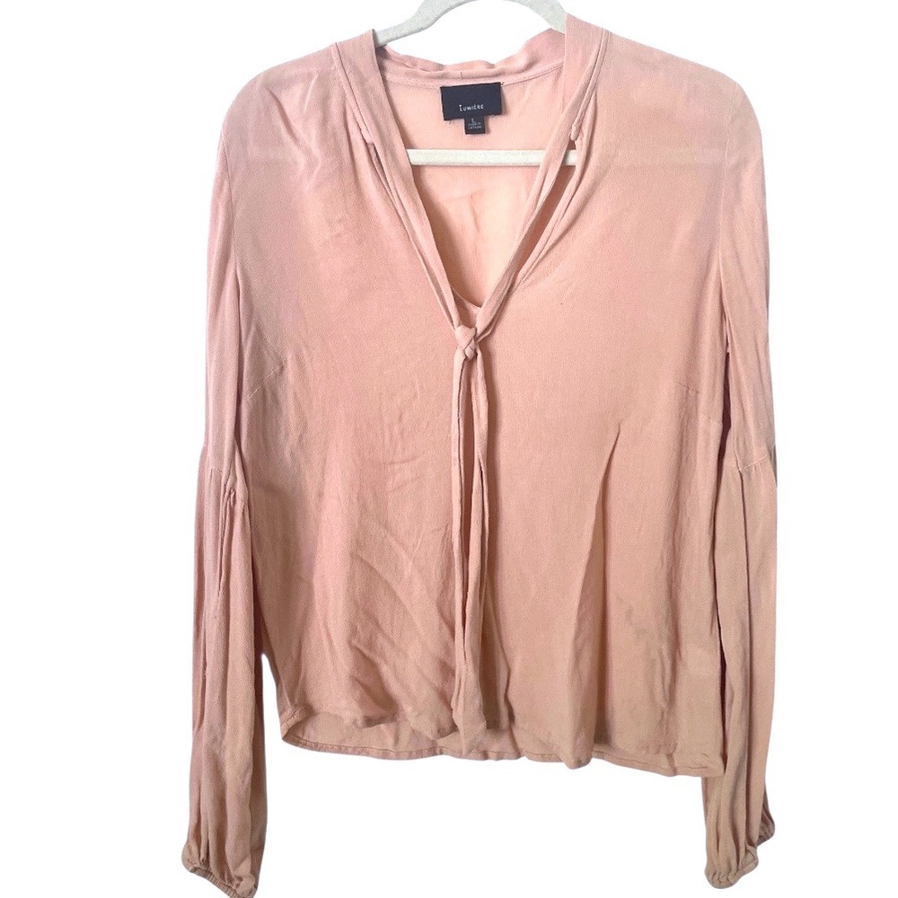Lumiere Pink Tie Front Long Sleeve Blouse Top L